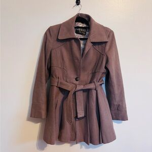 Guess brown wool winter trench coat with button front and matching belt. Missing